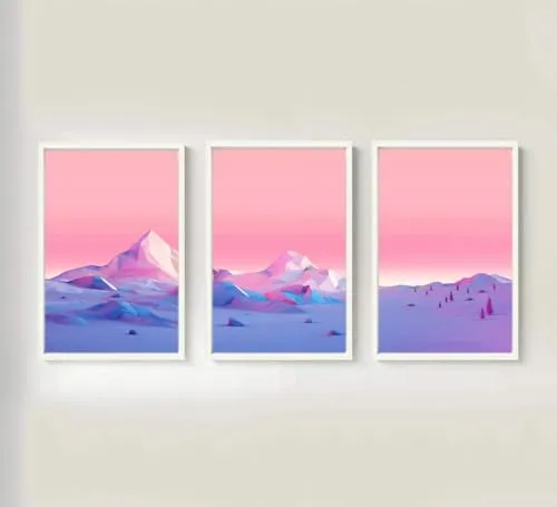 VERRE ART Printed Framed Canvas Painting for Home Decor Office Wall Studio Wall Living Room Decoration (46x27inch (Split in 3 Part) White Floater) - Lowpoly, Mountains