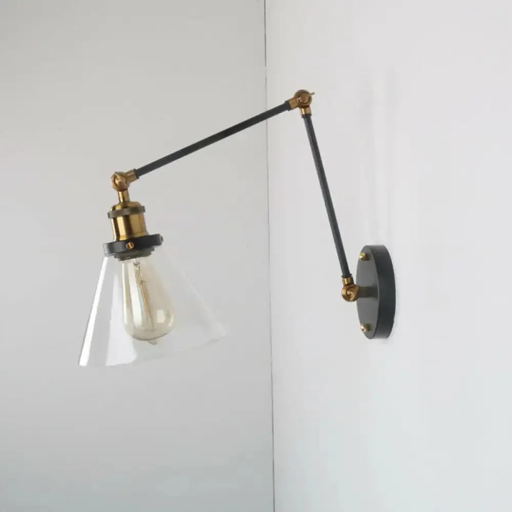 Vintage Cone Wall Light - Clear Glass Wall Mounted Lamp with Long Arm