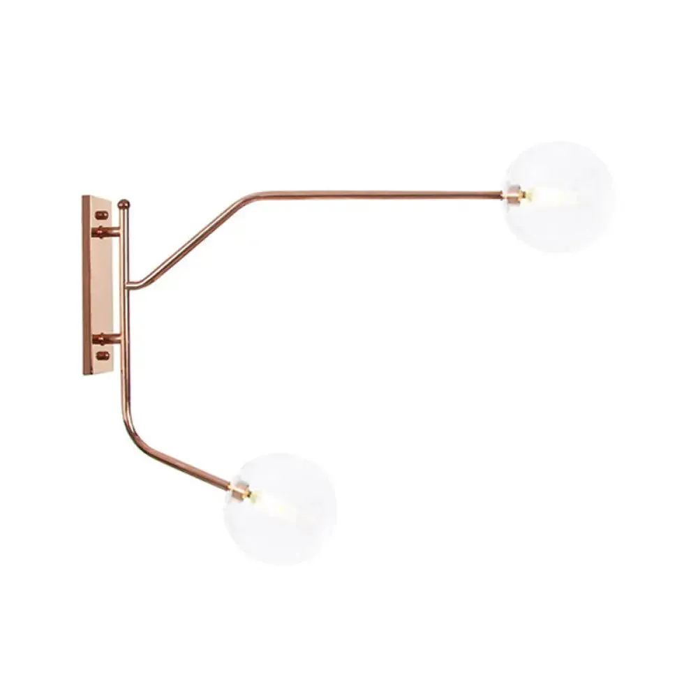 Wall Mounted Iron Rose Gold Reading Light with Branching Design, Industrial Fixture - Gem/Ball Glass Shade, 2 Bulbs