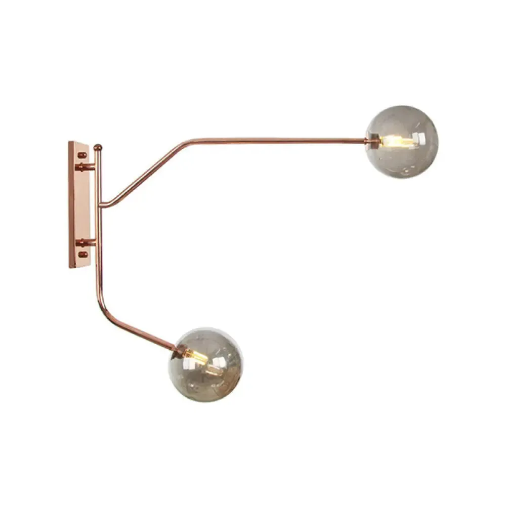 Wall Mounted Iron Rose Gold Reading Light with Branching Design, Industrial Fixture - Gem/Ball Glass Shade, 2 Bulbs