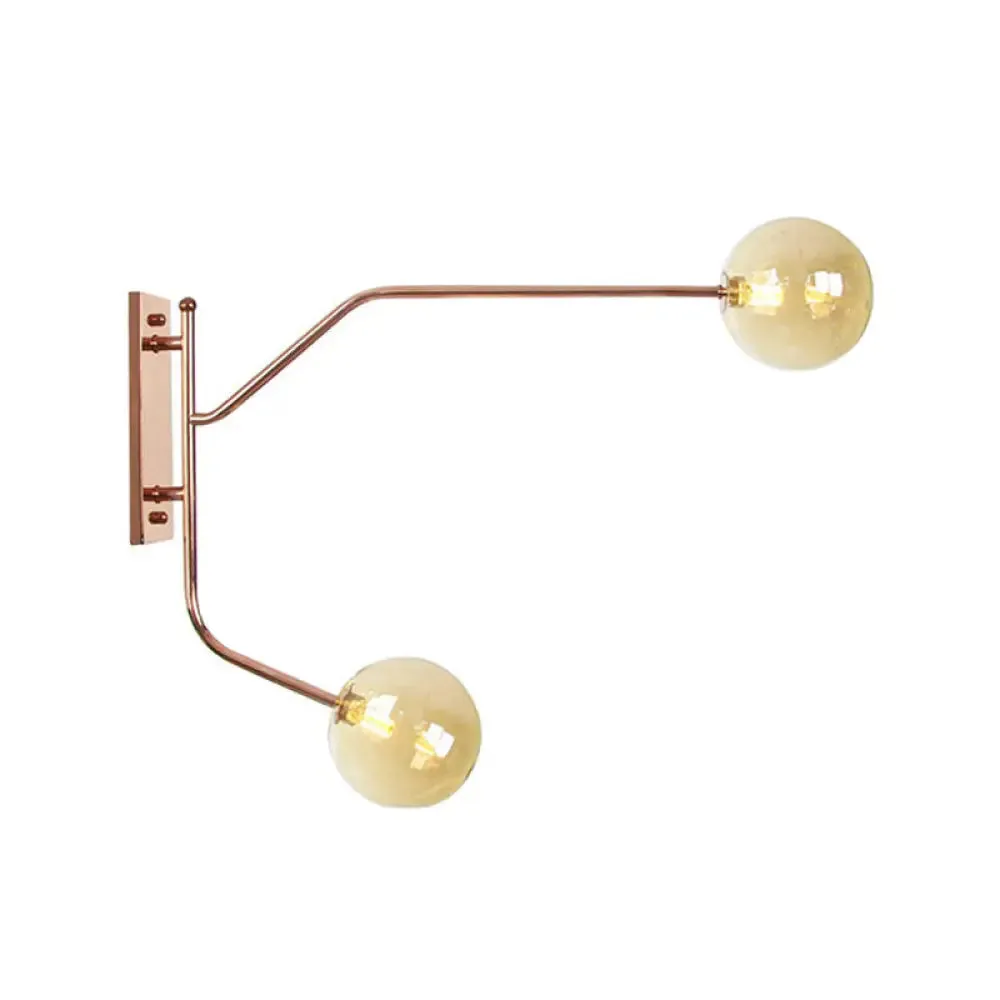 Wall Mounted Iron Rose Gold Reading Light with Branching Design, Industrial Fixture - Gem/Ball Glass Shade, 2 Bulbs