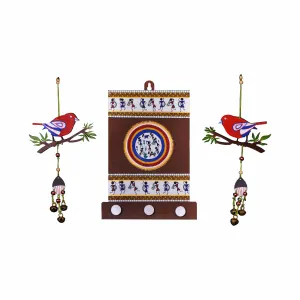 Warli Key Holder with 2 Sparrow Hangings (Set of 3)