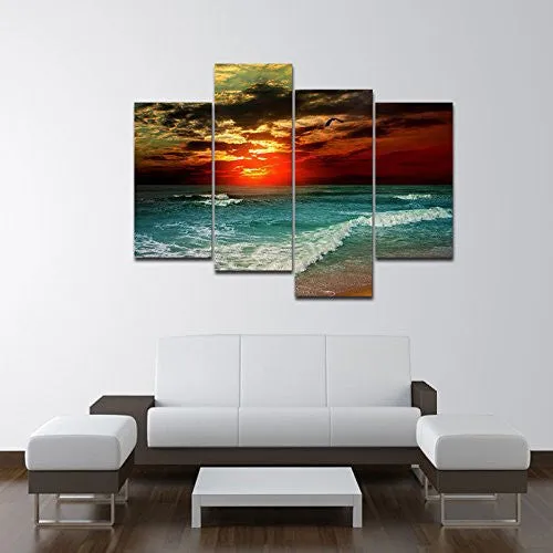 Wieco Art - Cloudy Sea Large 4 panel Modern Stretched and Framed Giclee Canvas Prints Seascape Artwork Beach Pictures Paintings on Canvas Wall Art Ready to Hang for Living Room Home Office Decorations