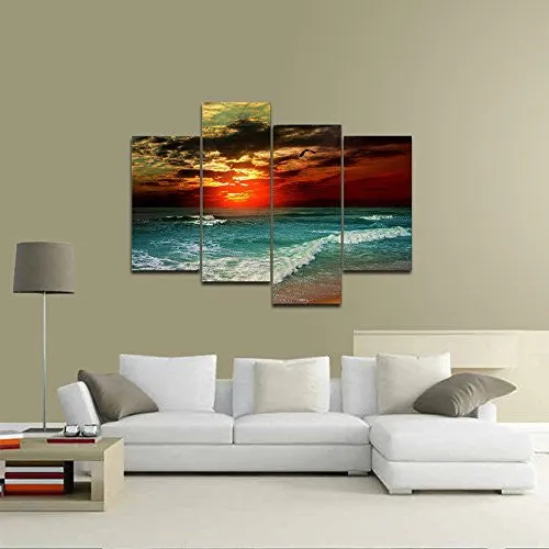 Wieco Art - Cloudy Sea Large 4 panel Modern Stretched and Framed Giclee Canvas Prints Seascape Artwork Beach Pictures Paintings on Canvas Wall Art Ready to Hang for Living Room Home Office Decorations