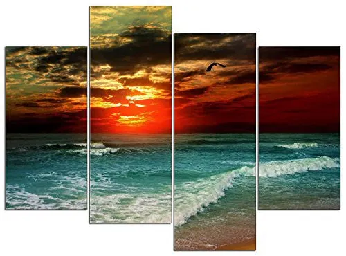 Wieco Art - Cloudy Sea Large 4 panel Modern Stretched and Framed Giclee Canvas Prints Seascape Artwork Beach Pictures Paintings on Canvas Wall Art Ready to Hang for Living Room Home Office Decorations