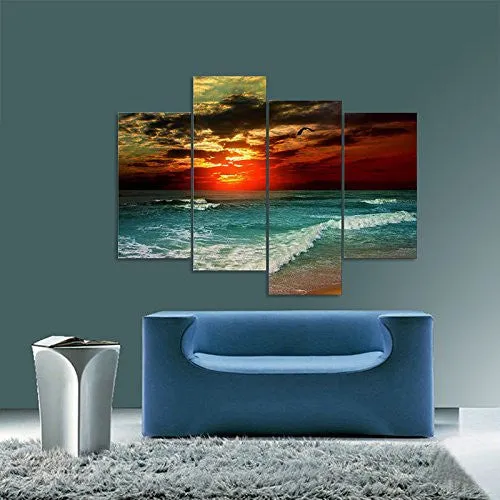 Wieco Art - Cloudy Sea Large 4 panel Modern Stretched and Framed Giclee Canvas Prints Seascape Artwork Beach Pictures Paintings on Canvas Wall Art Ready to Hang for Living Room Home Office Decorations