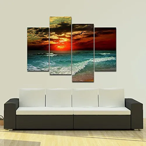 Wieco Art - Cloudy Sea Large 4 panel Modern Stretched and Framed Giclee Canvas Prints Seascape Artwork Beach Pictures Paintings on Canvas Wall Art Ready to Hang for Living Room Home Office Decorations