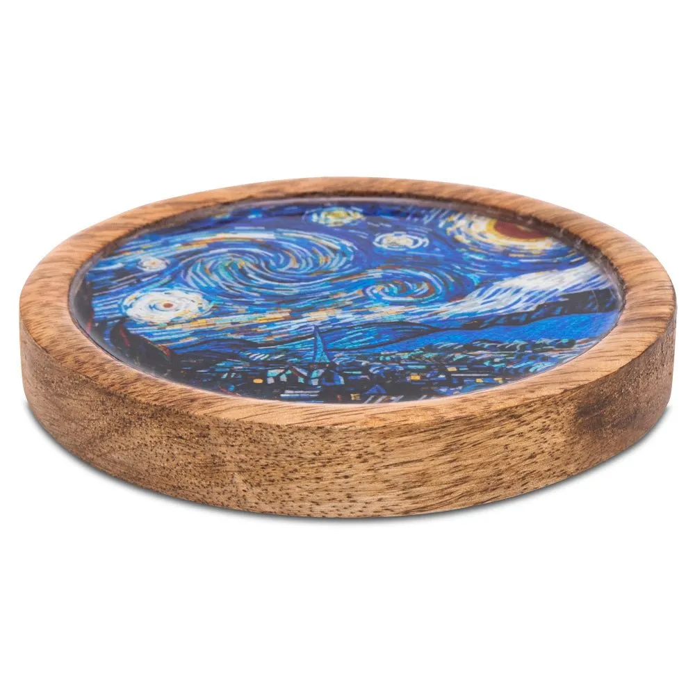 Wooden Round Coasters with Blue Abstract Print Design Set of 2